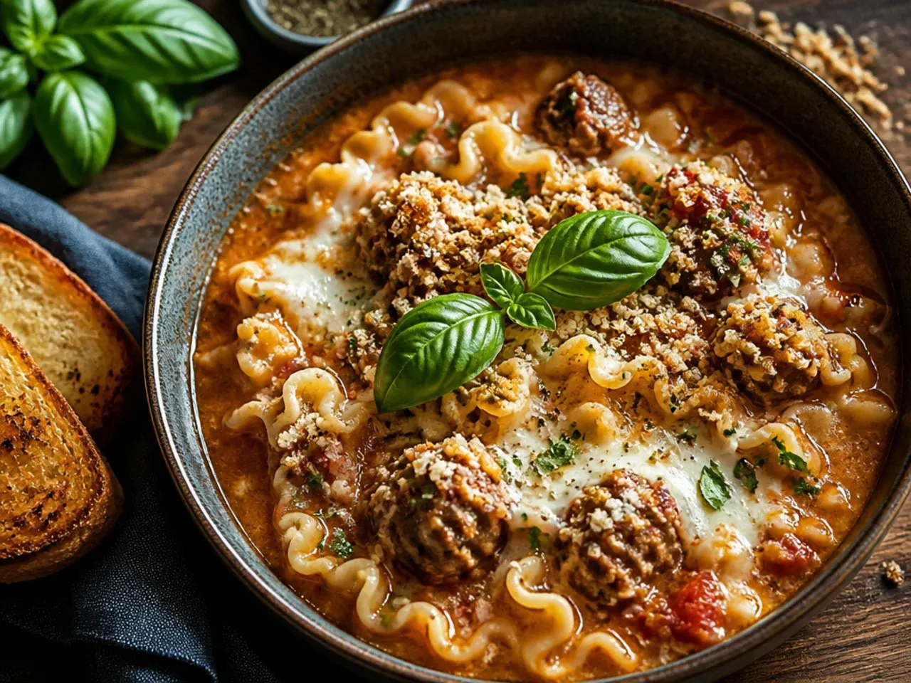 Meatball lasagna soup with whole meatballs floating in tomato broth alongside noodles.