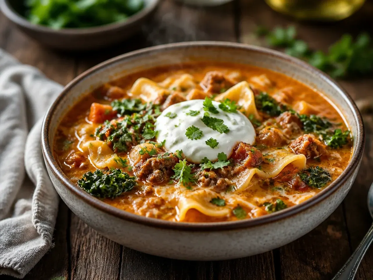 Sausage and kale lasagna soup with dark green kale leaves mixed through the broth.
