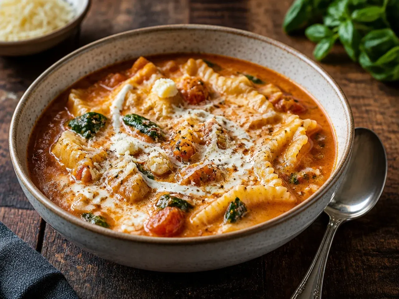 Pasta shell lasagna soup topped with a spinach and ricotta mixture.