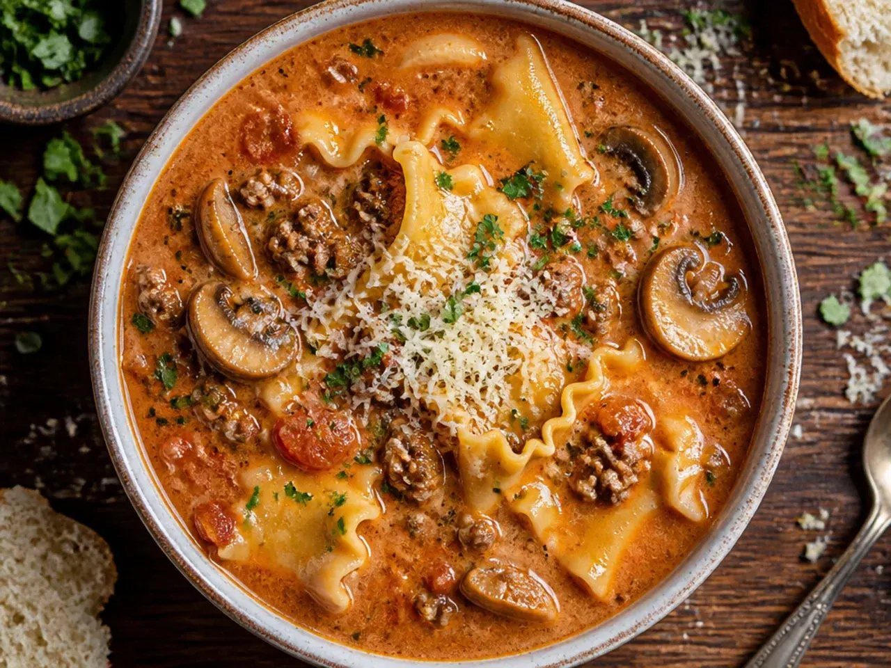 Mushroom and beef lasagna soup with sliced mushrooms visible throughout the pot.