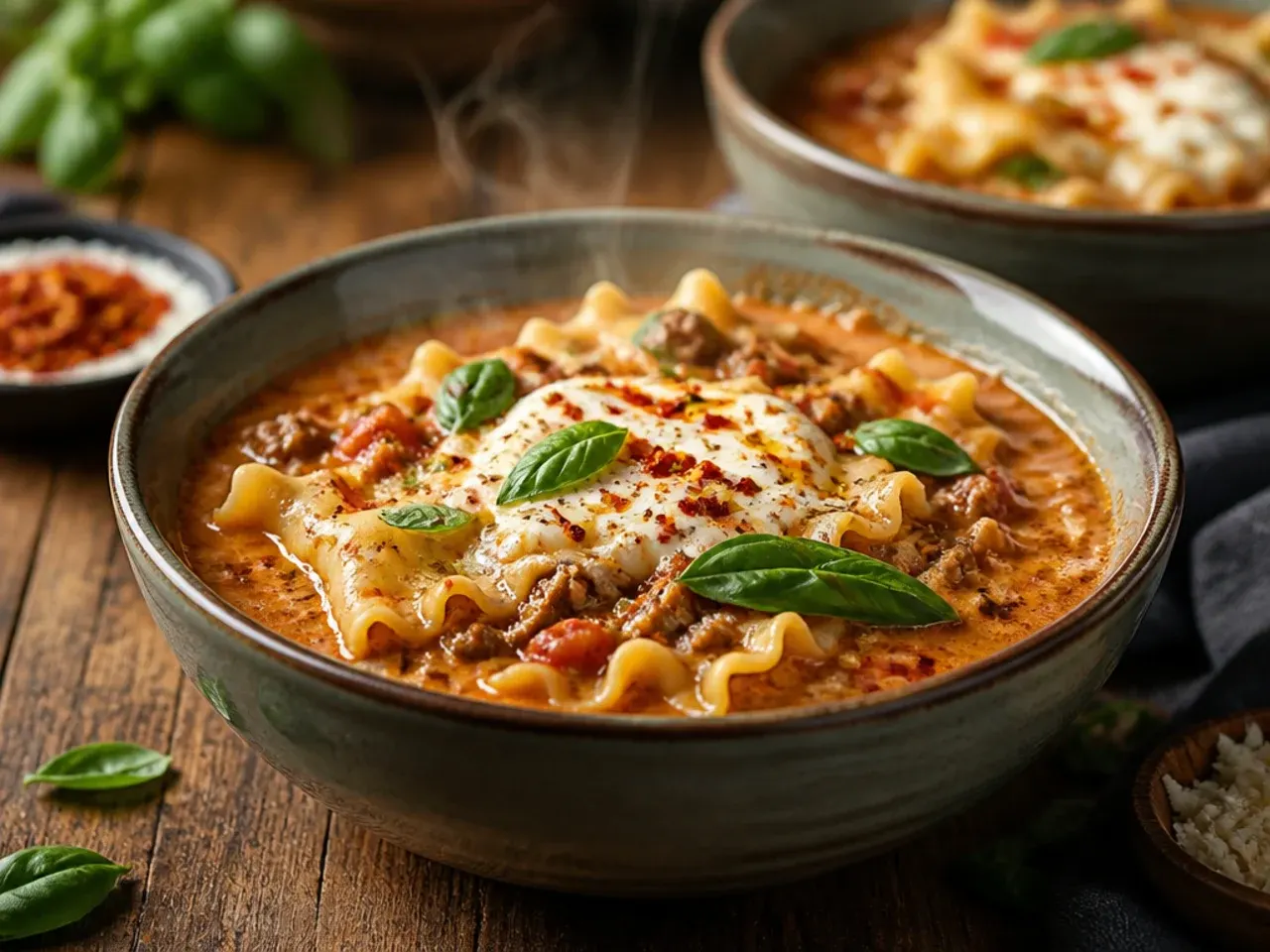 Lasagna soup garnished with fresh torn basil leaves and a hint of roasted garlic.