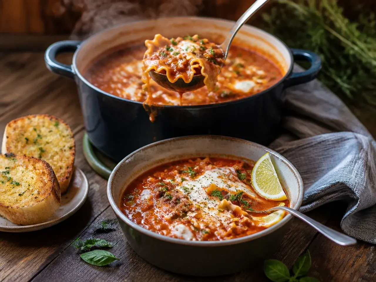 Golden air fryer garlic bread slices served alongside a bowl of lasagna soup.