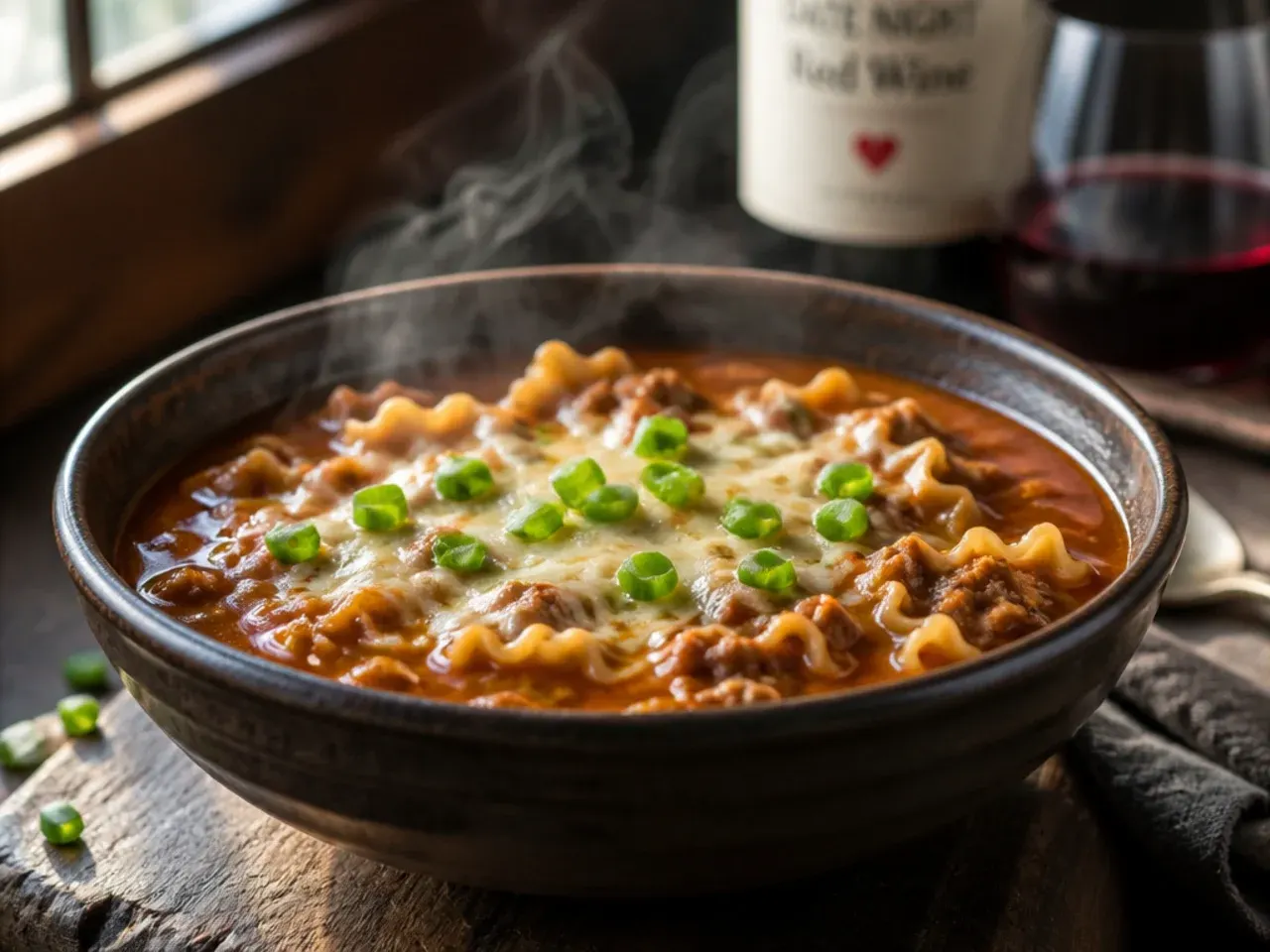 Elegant date-night lasagna soup with torn burrata on top, served in shallow bowls.