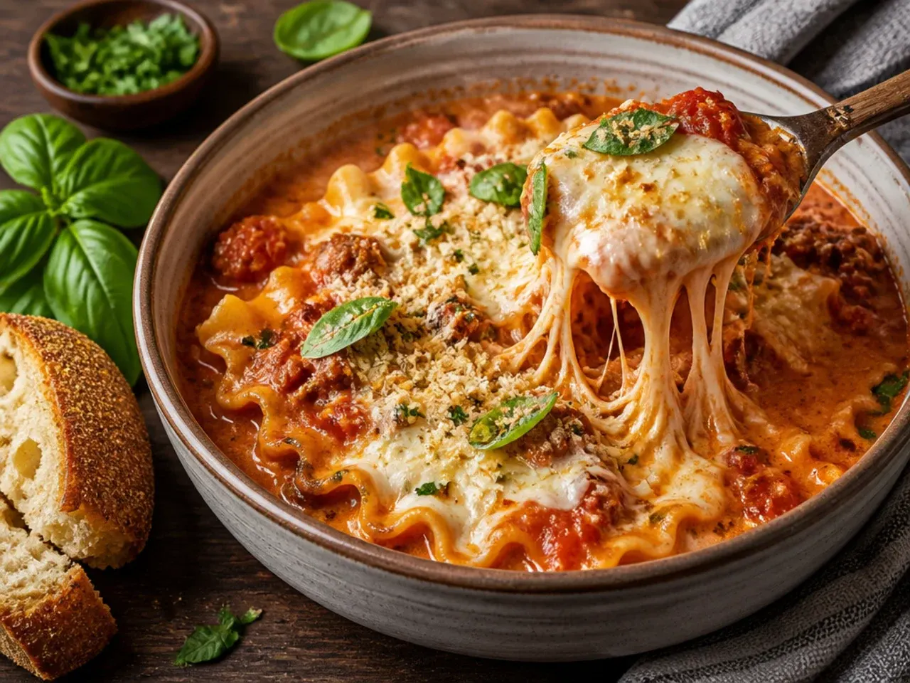 Bowl of lasagna soup with a dramatic melted cheese pull being lifted with a spoon.