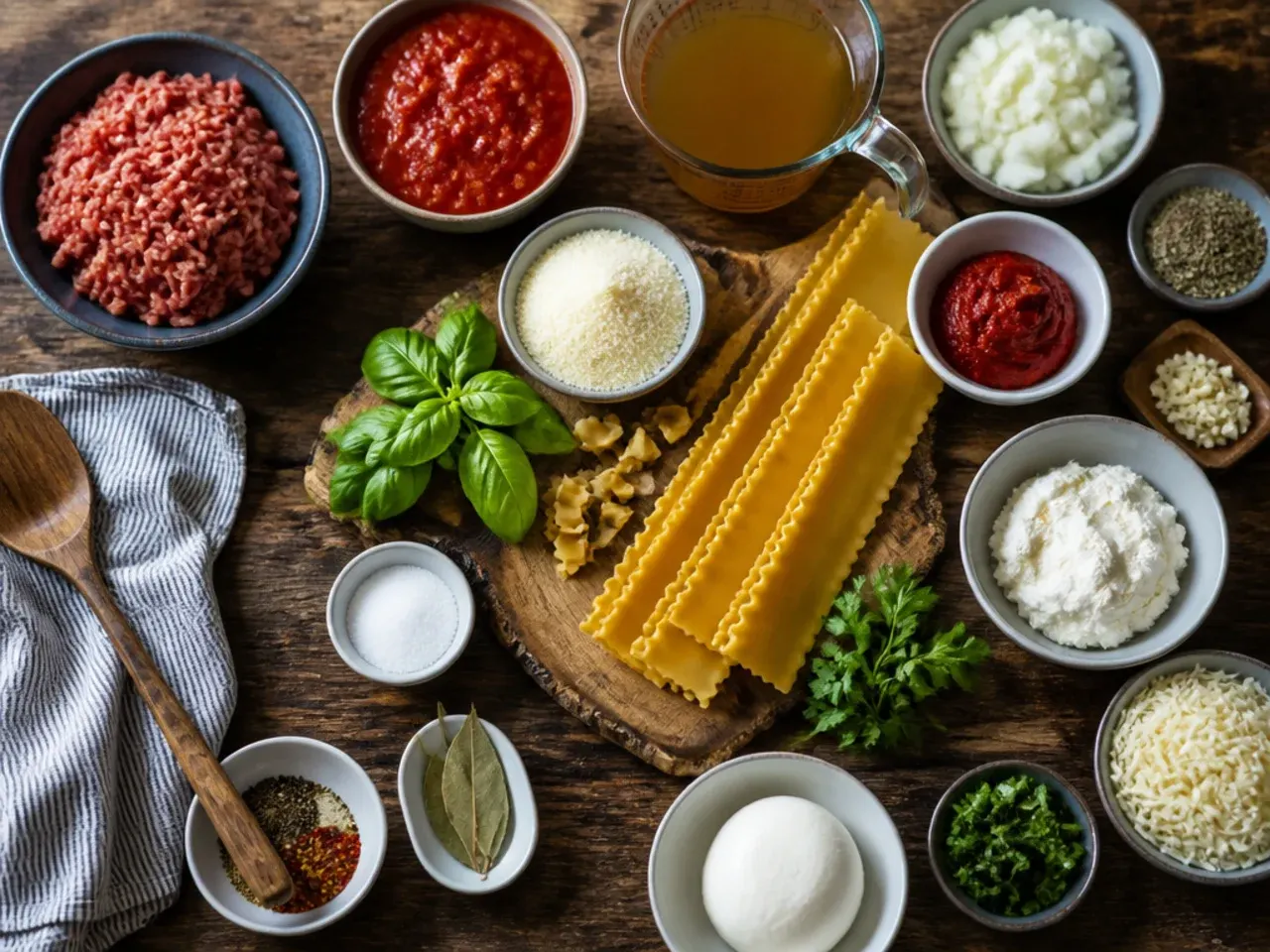 Close-up of hands breaking lasagna sheets into pieces over a pot of simmering broth.