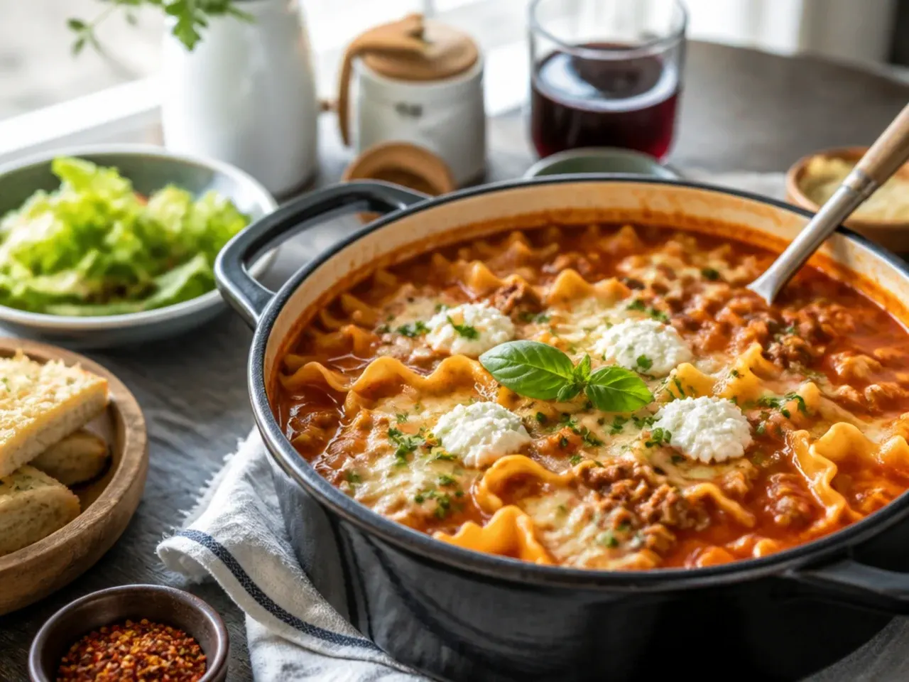 Table set with bowls of lasagna soup, garlic bread and a green salad on the side.
