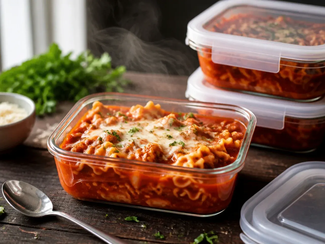 Airtight container of leftover lasagna soup being stored in the fridge.
