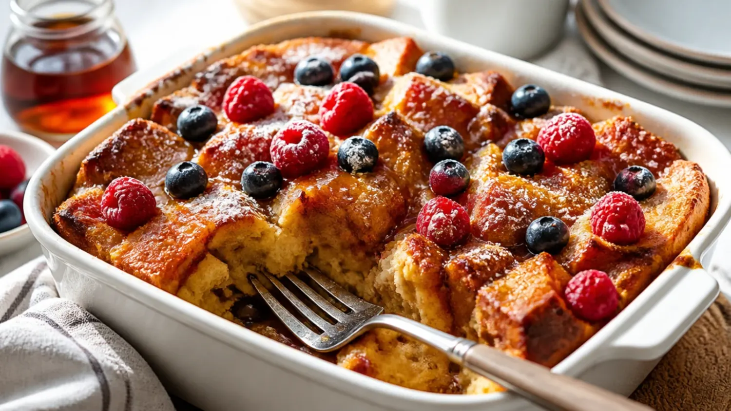 A golden baked overnight french toast casserole in a white dish, topped with pecan streusel and a drizzle of maple syrup