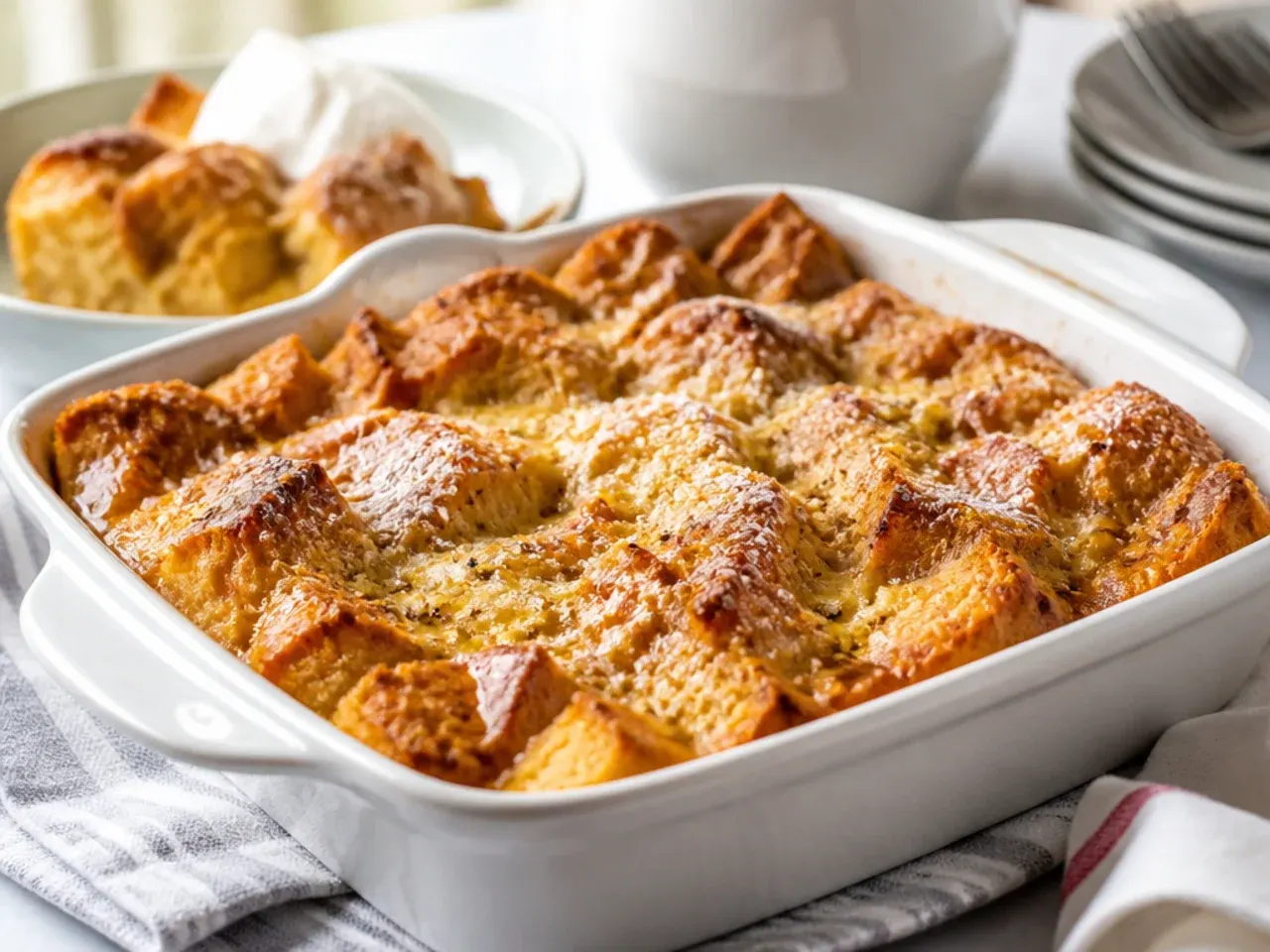Five simple ingredients laid out on a counter for an easy french toast casserole