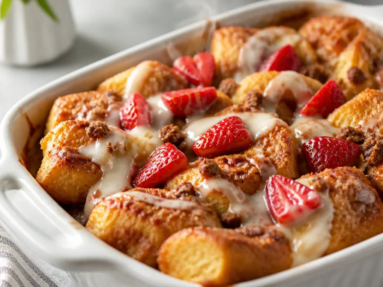 Torn cinnamon roll pieces mixed with bread cubes in a baking dish