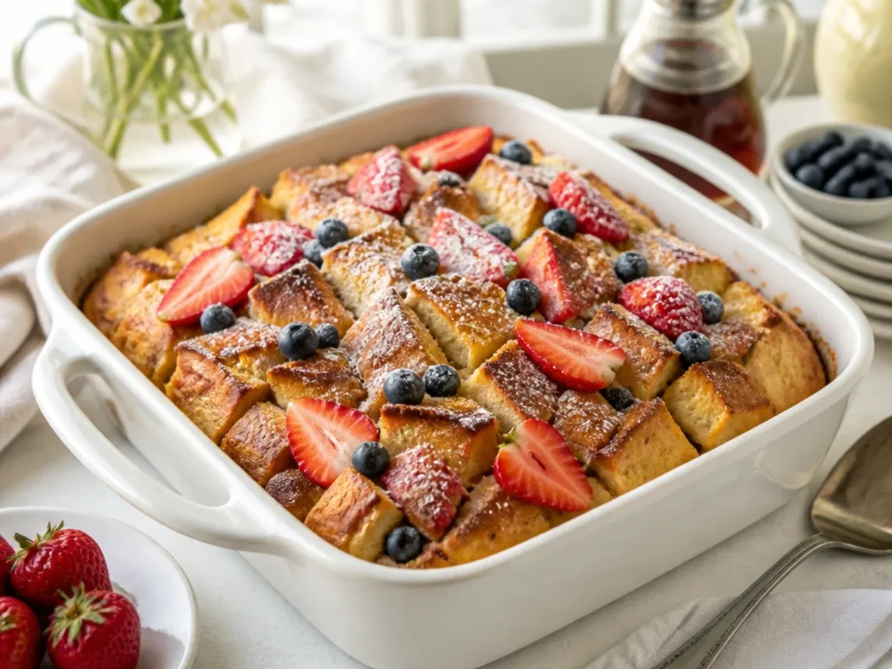 Bread cubes being stirred directly into custard inside a baking dish