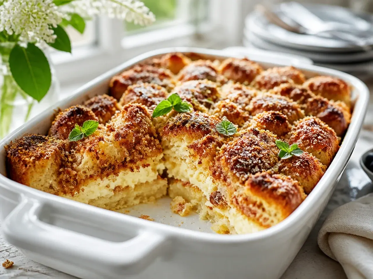 Small cubes of cream cheese being tucked between layers of bread in a baking dish