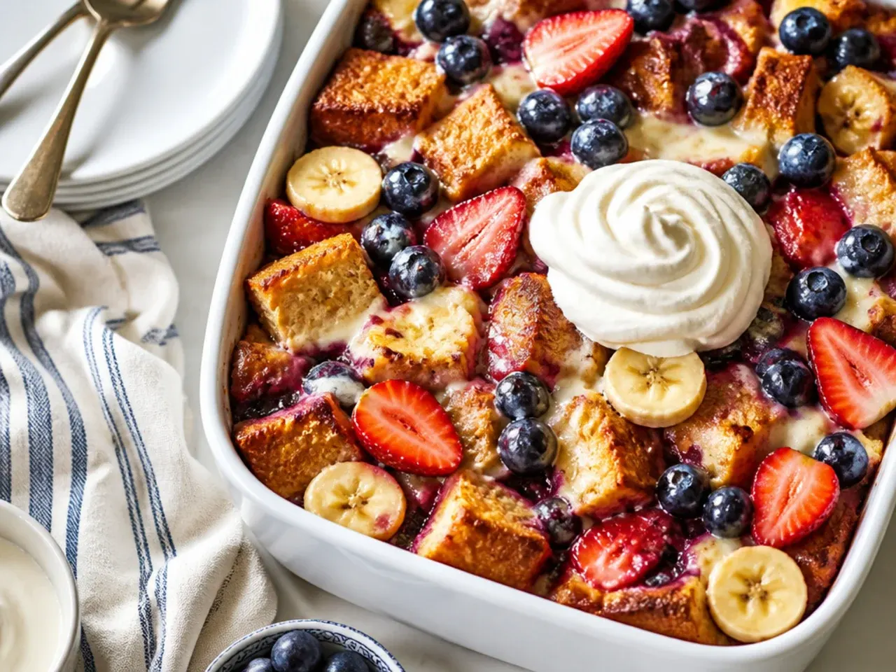 Sliced banana and mixed berries layered between bread cubes before baking