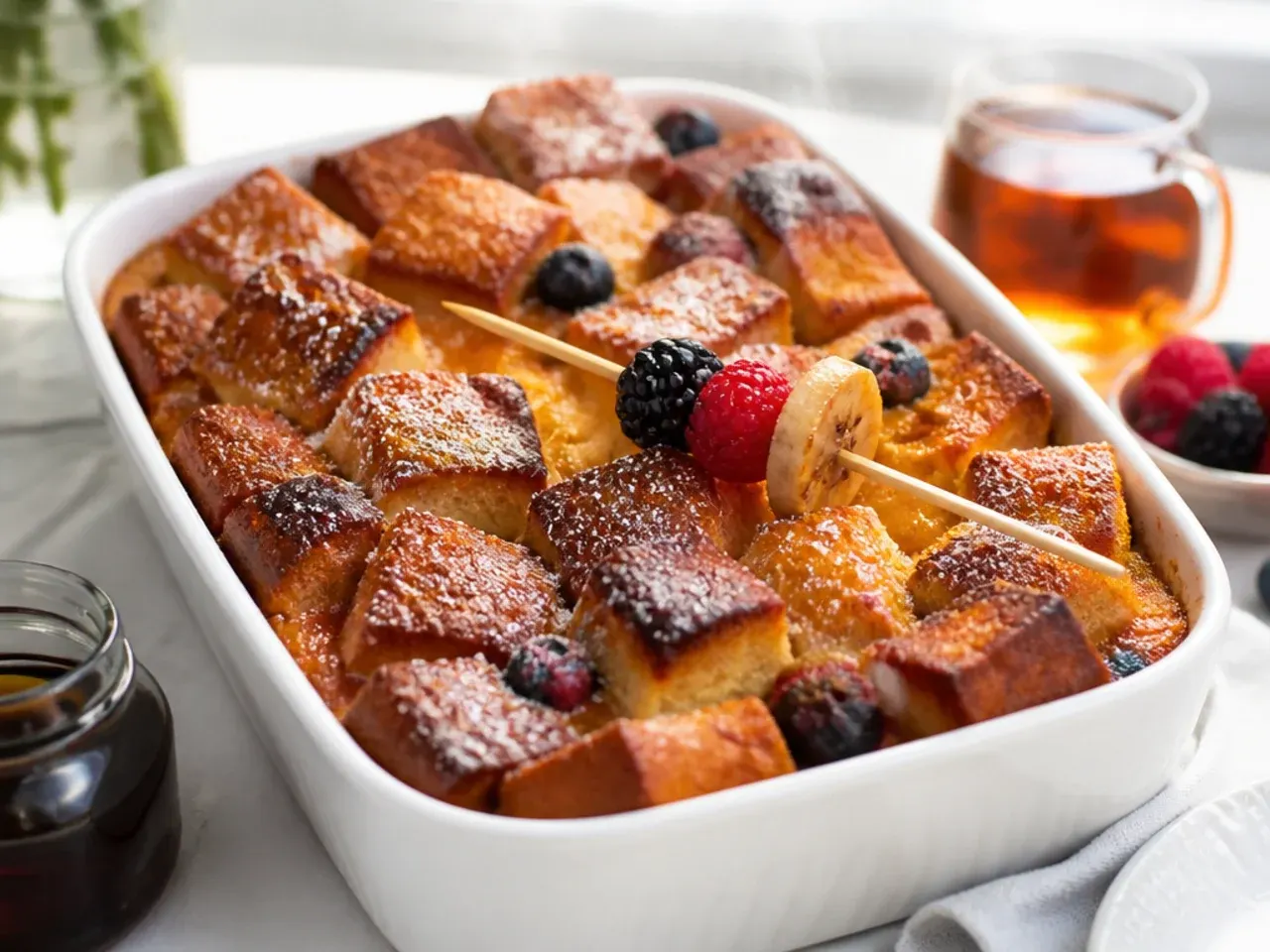 Thick cubes of golden brioche bread ready to be soaked in custard