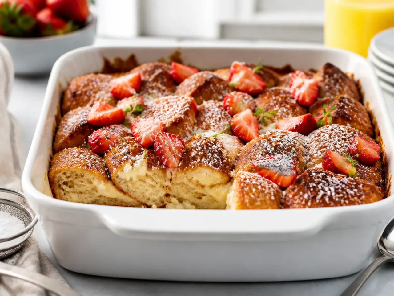 Ribbons of cream cheese mixture swirled through unbaked french toast casserole