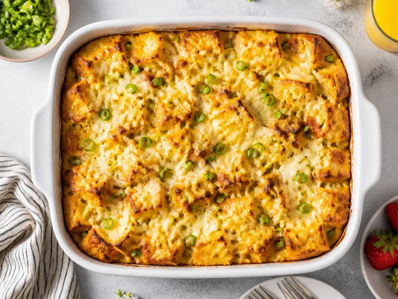 Cubed white sandwich bread in a baking dish, a budget-friendly base for french toast casserole