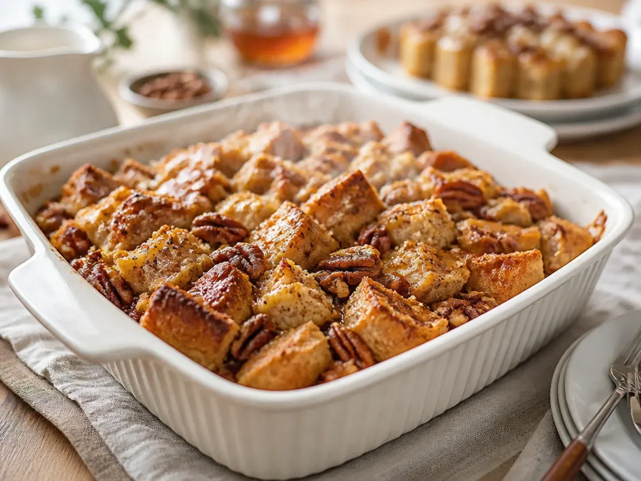 A finished french toast casserole topped with golden pecan streusel