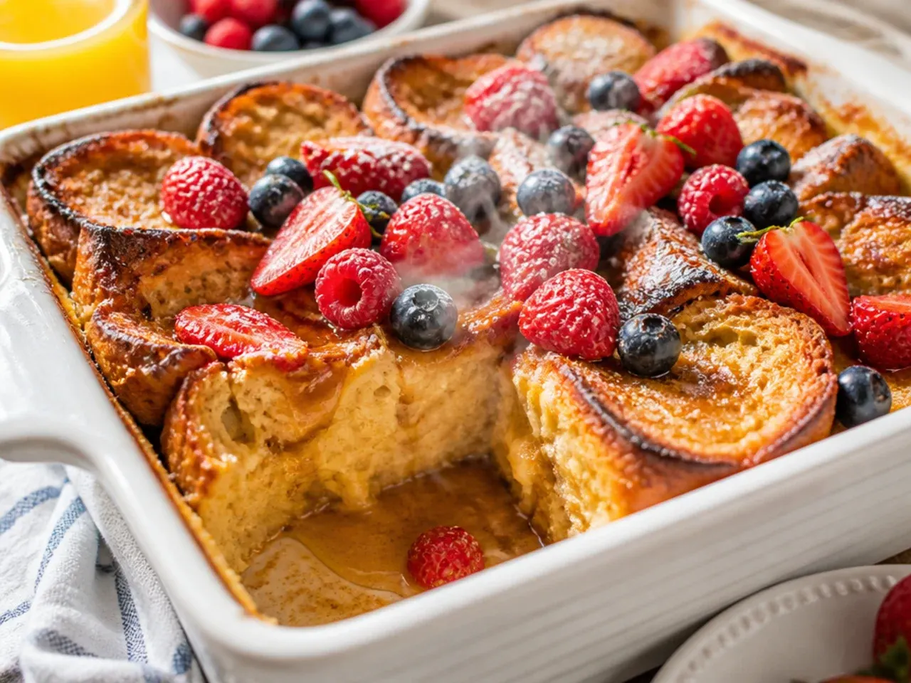A covered baking dish of unbaked french toast casserole being placed in the fridge