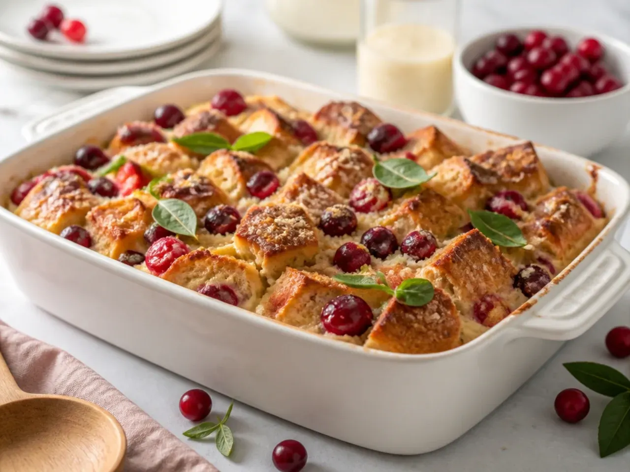 Dried cranberries mixed through bread cubes soaking in eggnog custard