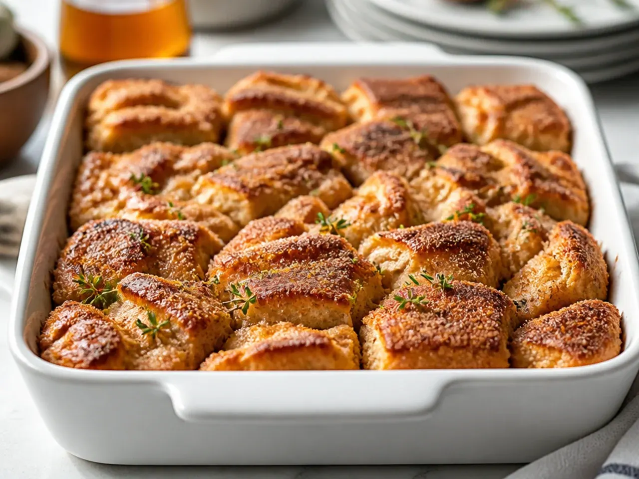 Bread cubes being tossed in a bowl of cinnamon and sugar before assembly