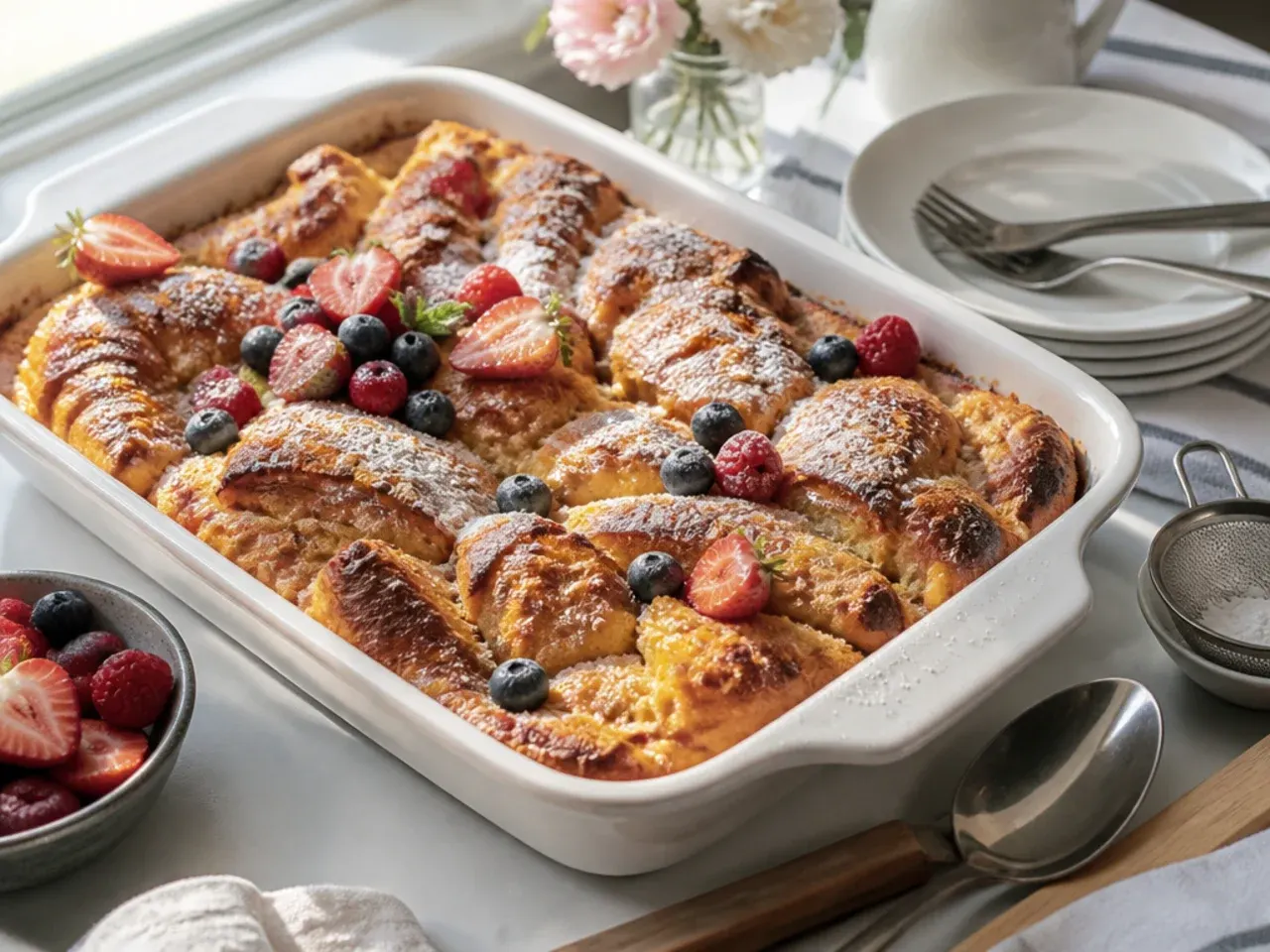 Torn croissant pieces soaking in custard in a baking dish