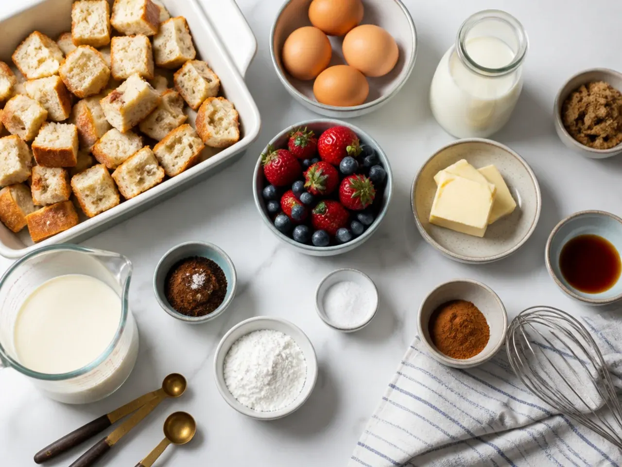 A hand pressing bread cubes down into custard to ensure even soaking