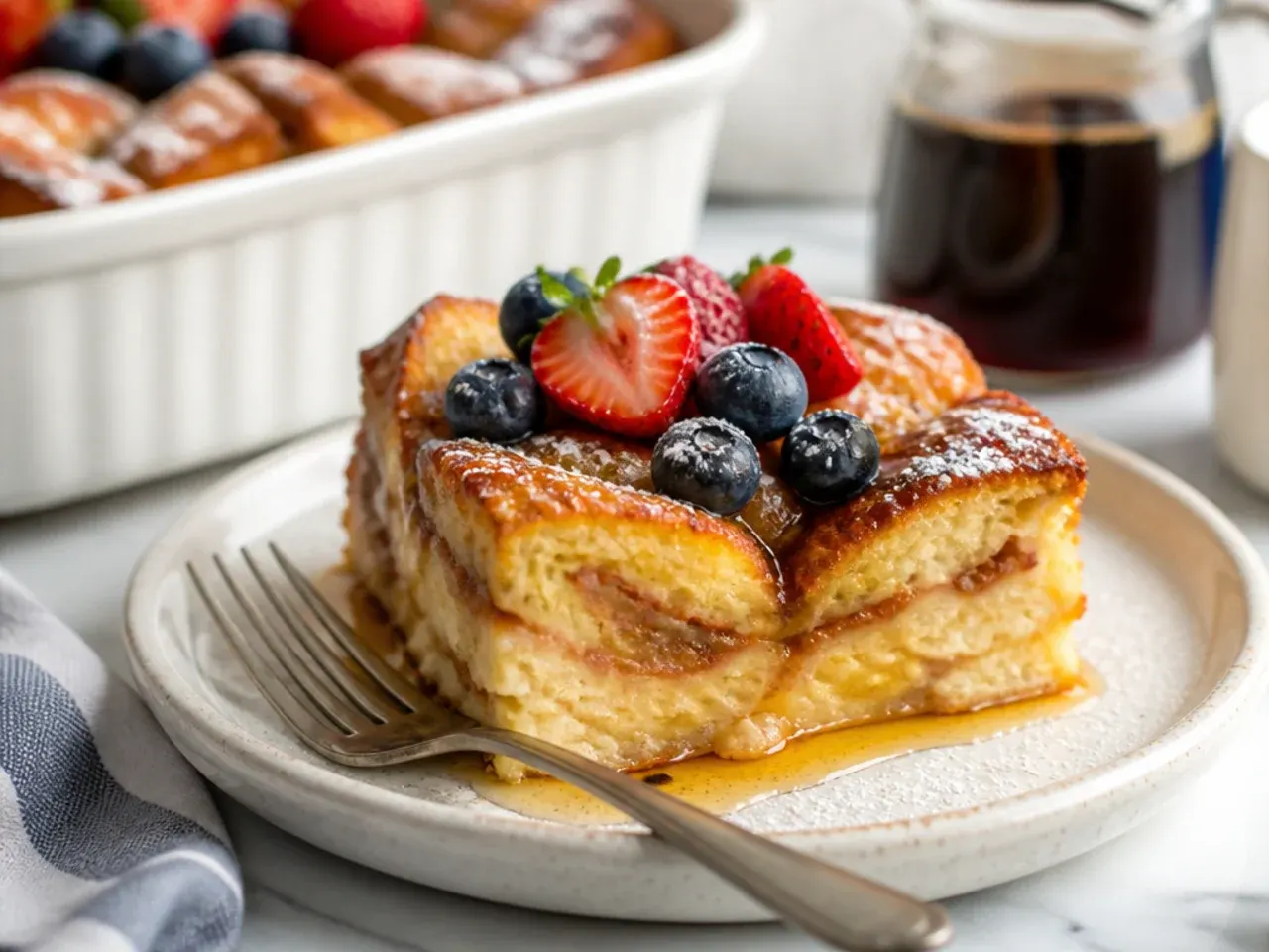 A slice of french toast casserole served on a plate with maple syrup and fresh berries
