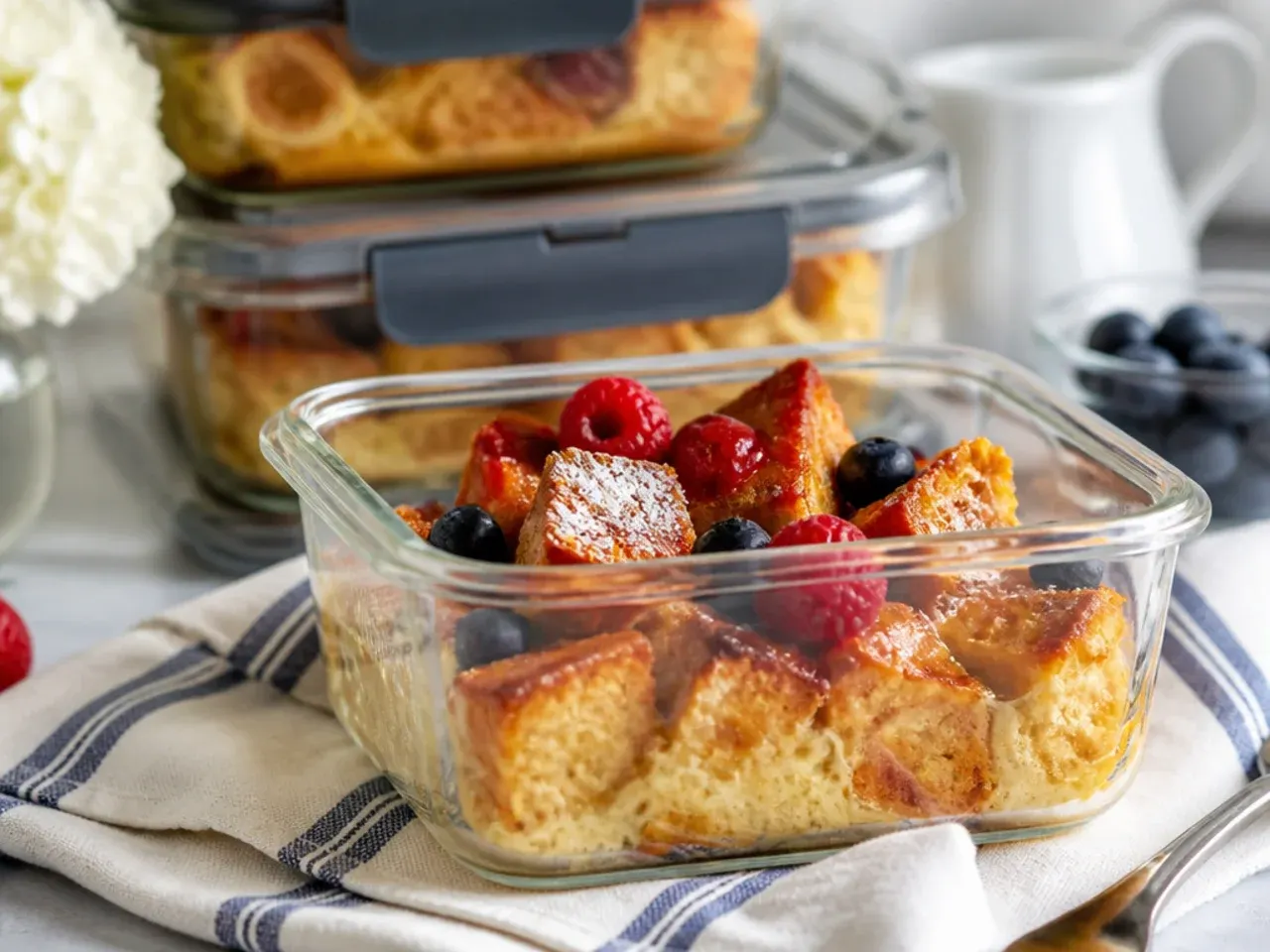 Leftover slices of french toast casserole stored in an airtight container