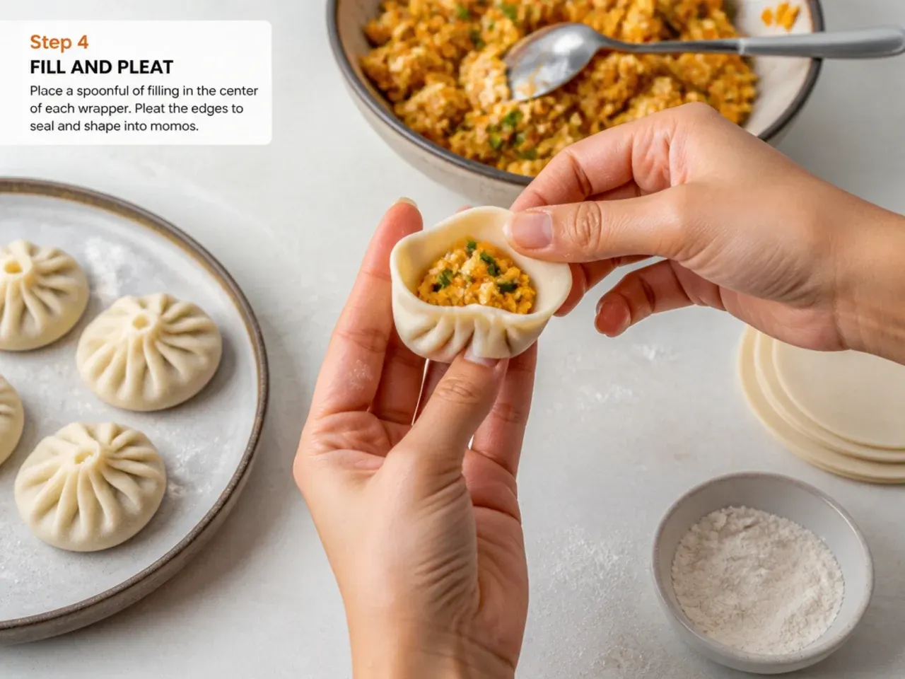 paneer momos recipe — step 4: fill and pleat