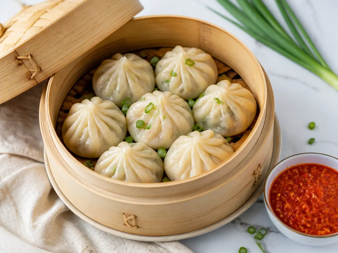 Steamed paneer momos in a bamboo basket with red chilli chutney