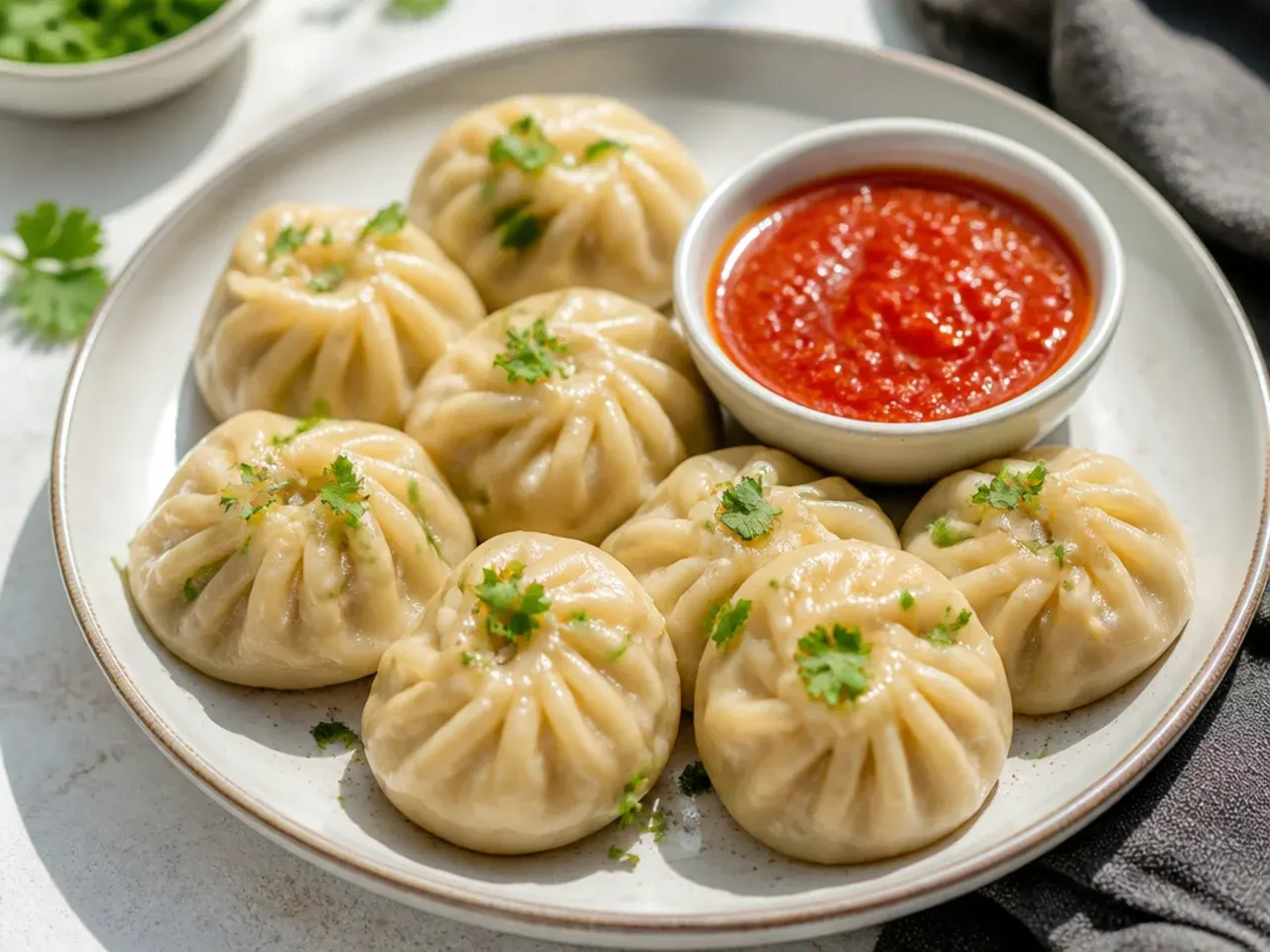 Classic paneer momos recipe served hot with spicy red chilli chutney