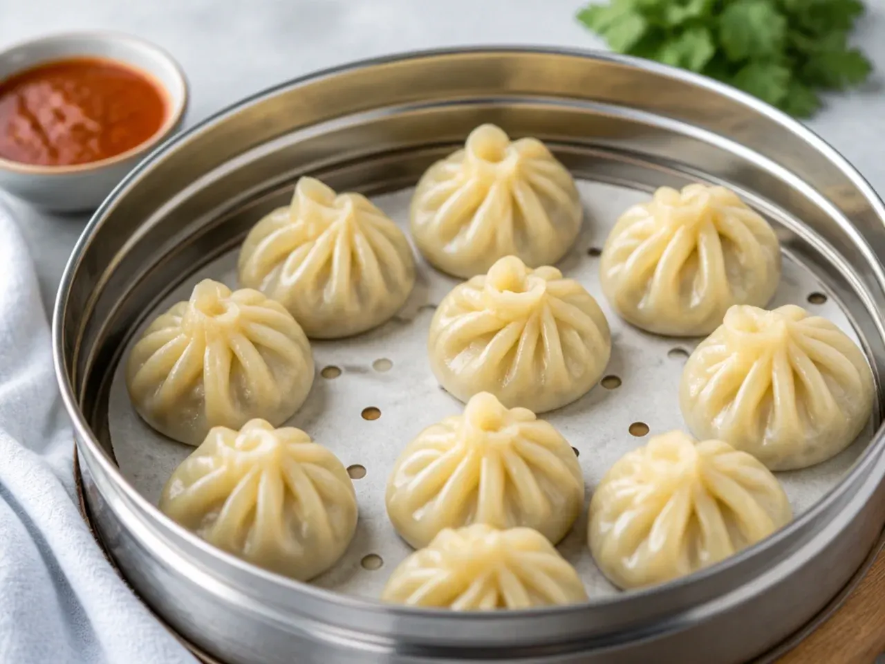 Easy paneer momos made with ready-made dumpling wrappers on a steamer tray