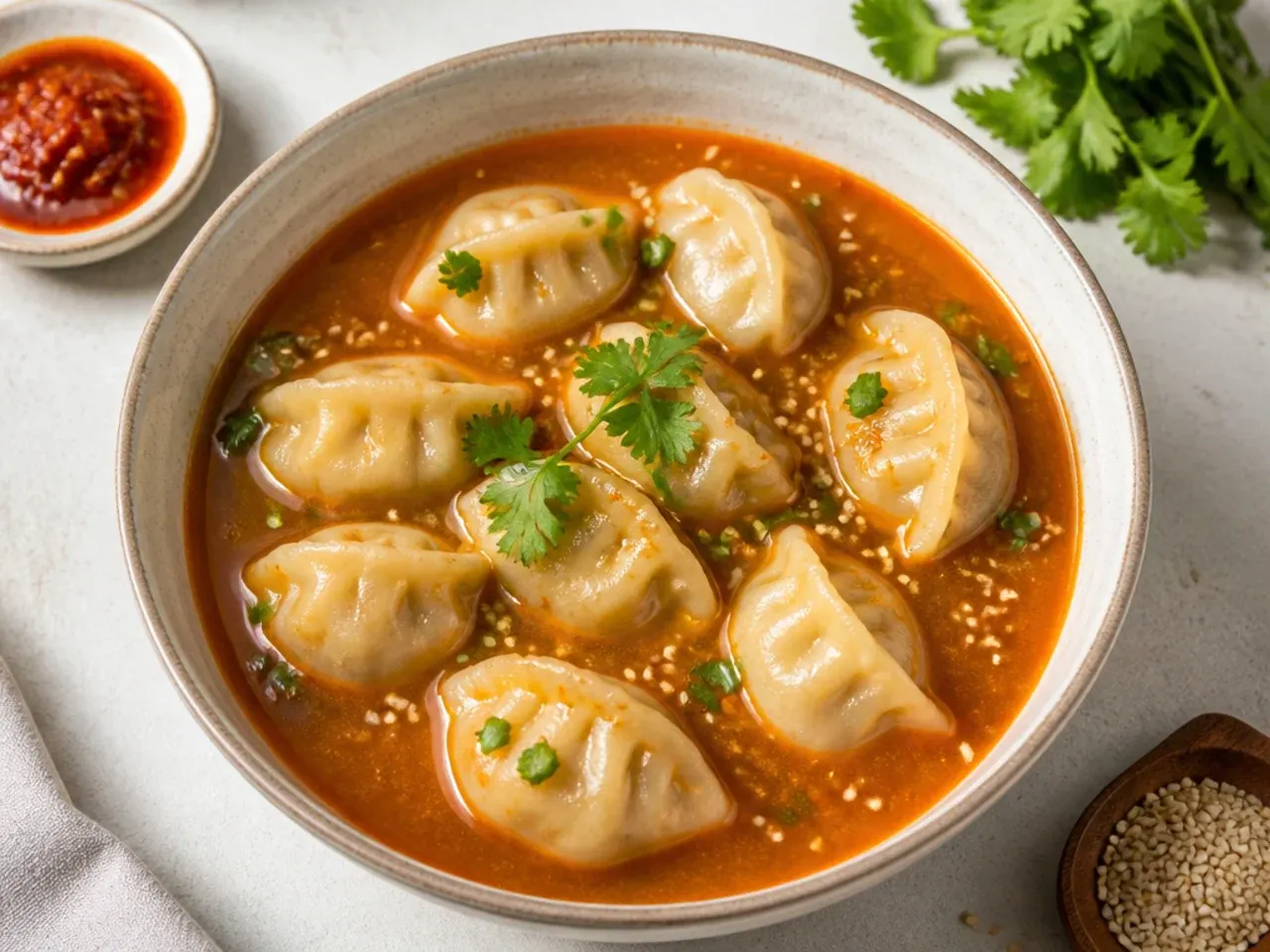 Paneer jhol momos served in warm tomato sesame broth in a bowl