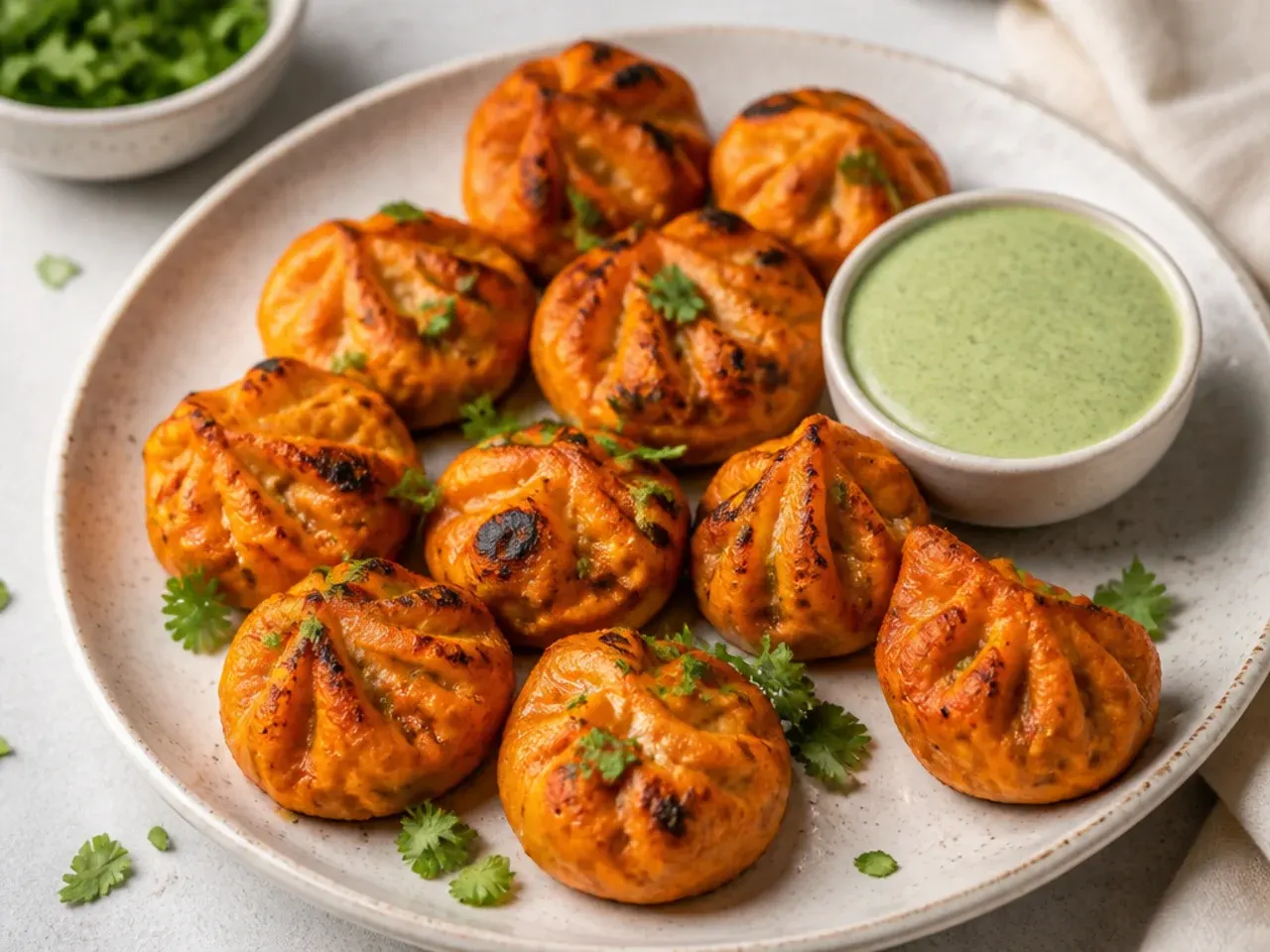 Air fryer tandoori paneer momos with charred yogurt marinade