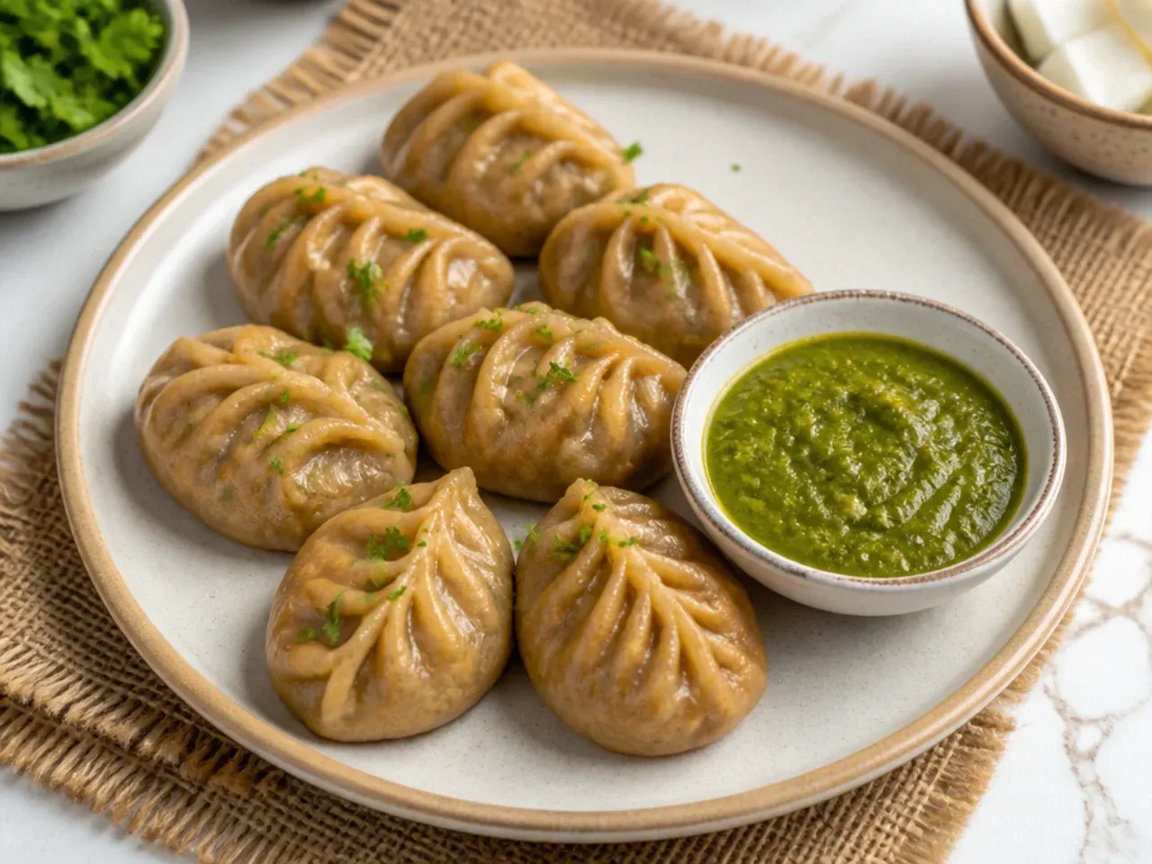 Whole wheat atta paneer momos on a plate with green chutney