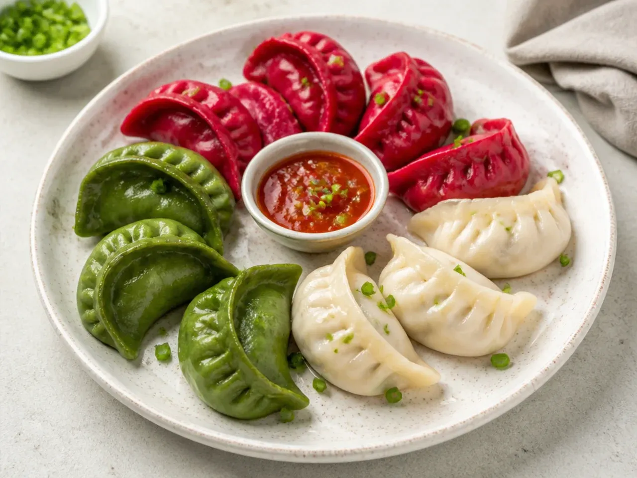 Colorful beetroot and spinach paneer momos in pink green and white