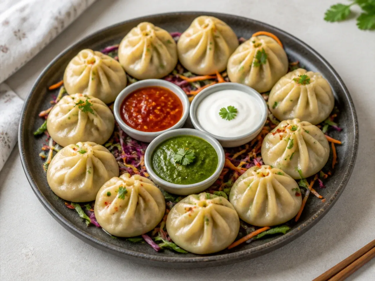 Festive paneer momos party platter with three dipping sauces
