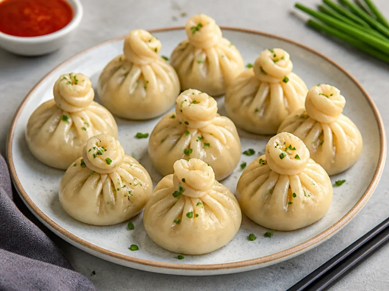 Money bag shaped paneer momo dumplings with twisted tops