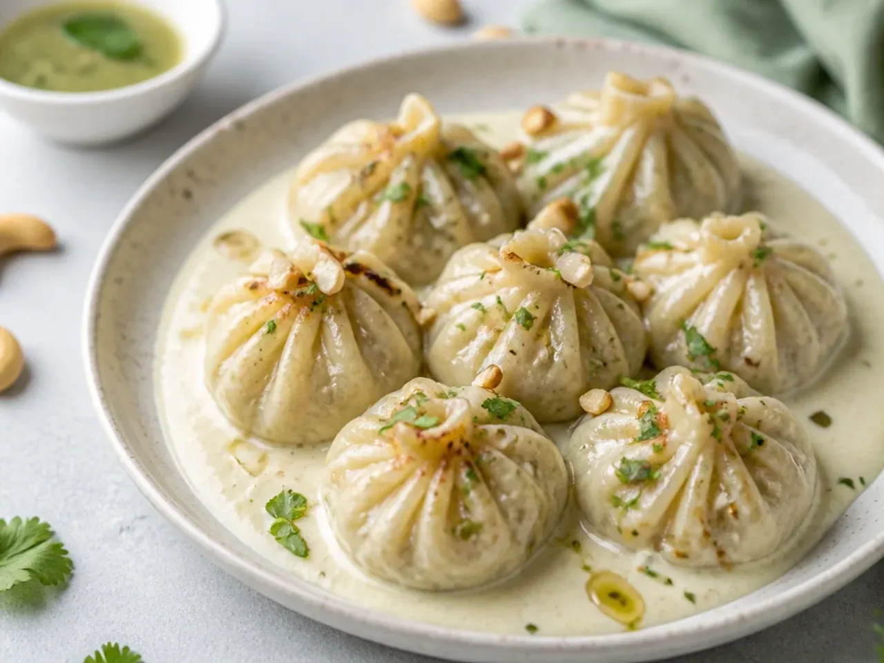 Creamy afghani style paneer momos with white yogurt cashew coating