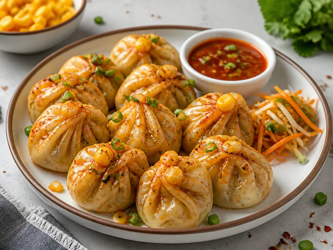 Creative sweetcorn and paneer momos brushed with peri peri butter
