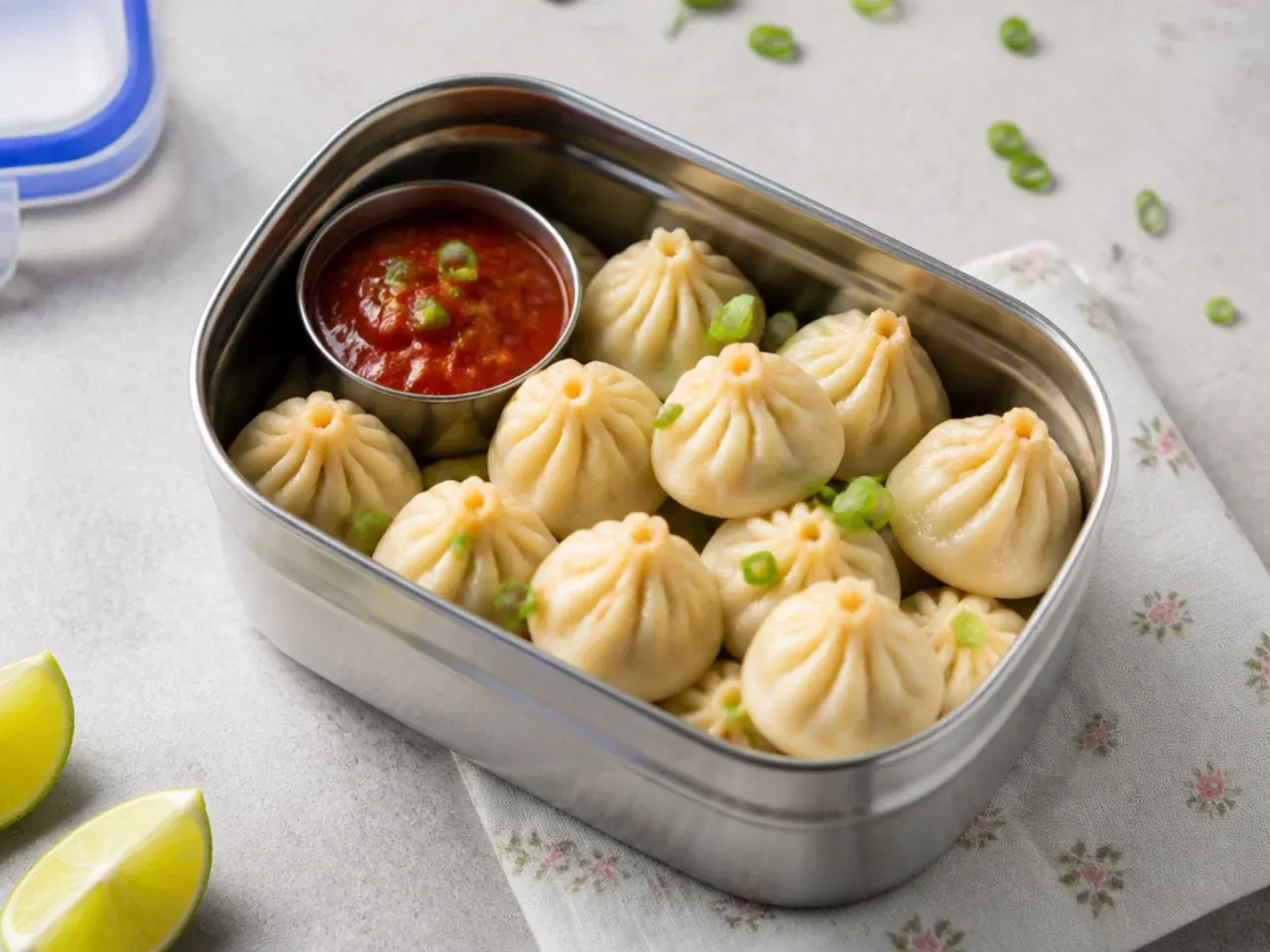 Mini one bite paneer momos packed in a lunchbox with dip