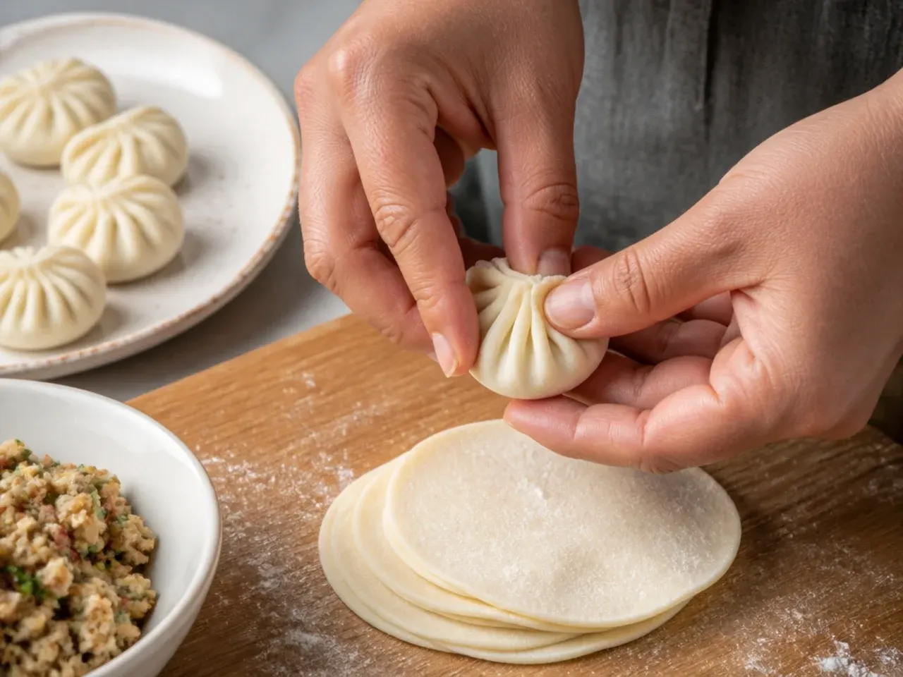 Pleating paneer momos by hand showing thin rolled wrappers