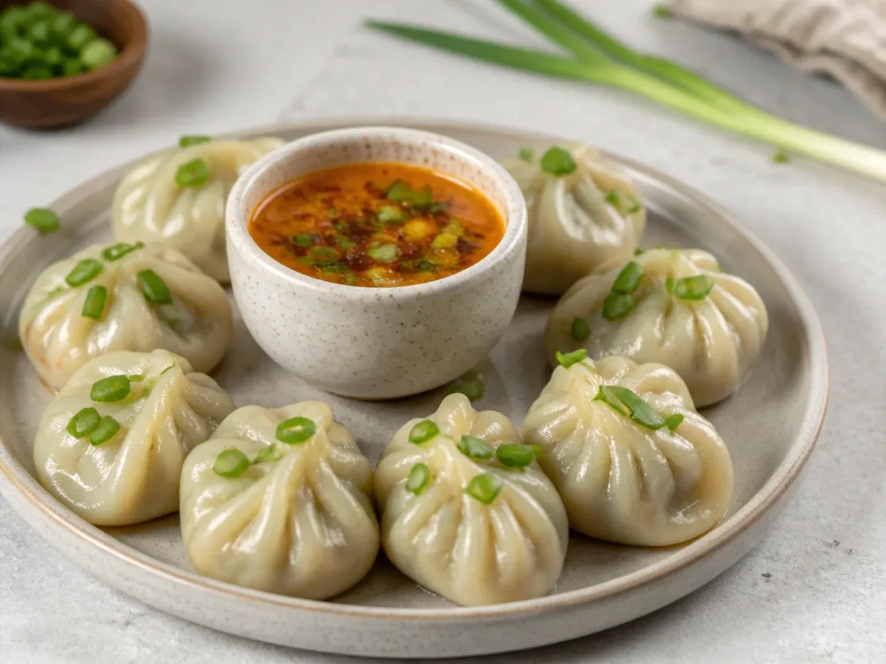 Paneer momos served with chutney soup and spring onion garnish
