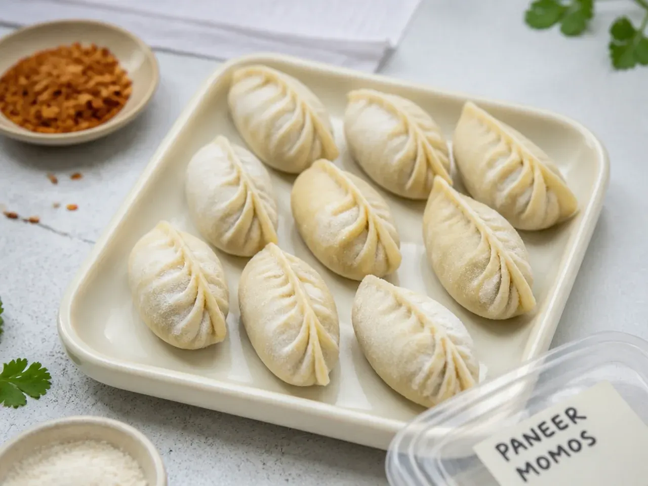 Frozen paneer momos on a tray ready for storage and reheating
