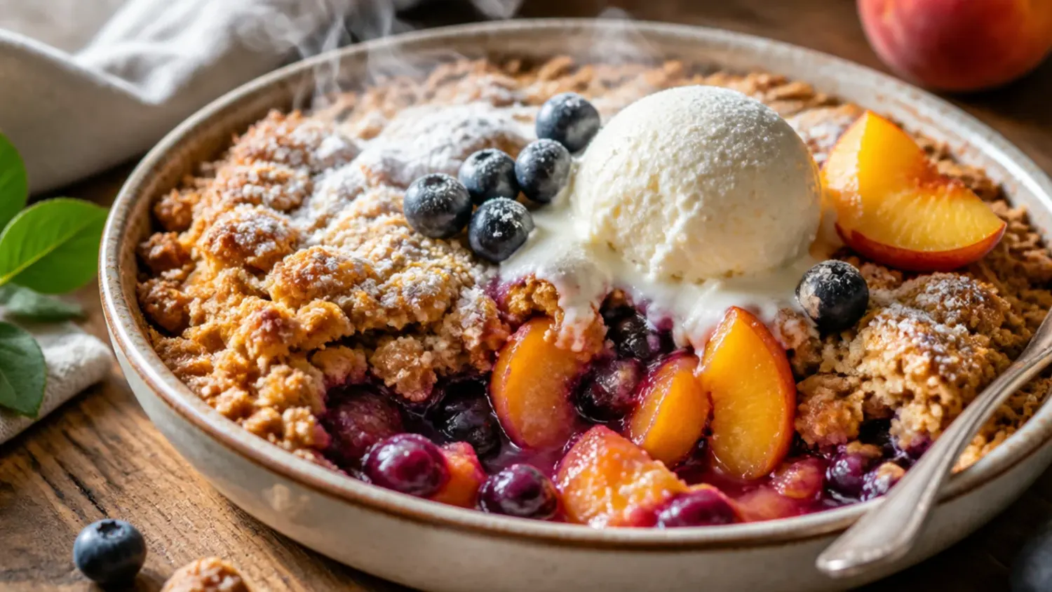 A bubbling peach and blueberry crisp in a white baking dish with a golden oat crumble topping, fresh from the oven