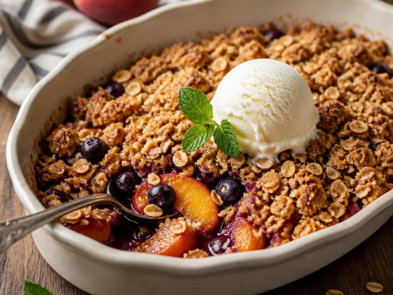 Overhead view of sliced peaches and blueberries in a baking dish next to a bowl of oat crumble topping