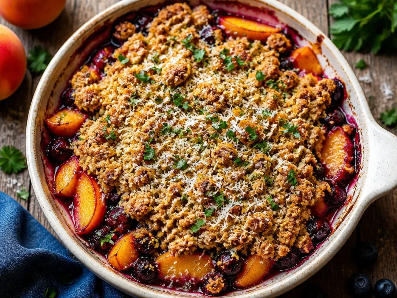 Close-up of classic peach and blueberry crisp with golden crumble topping and a scoop of vanilla ice cream