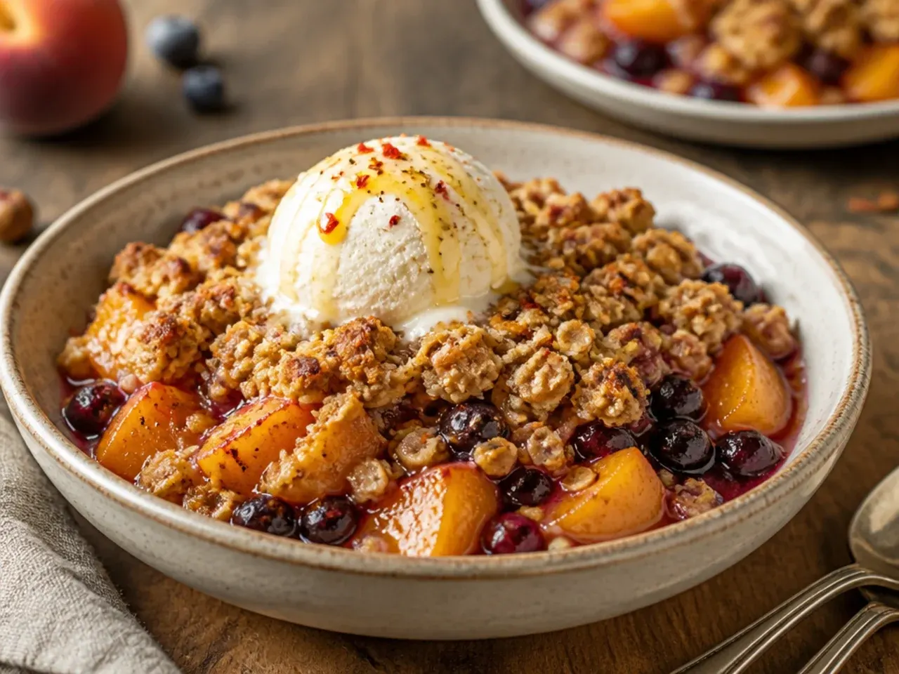 One mixing bowl with buttery oat crumble topping being stirred with a fork