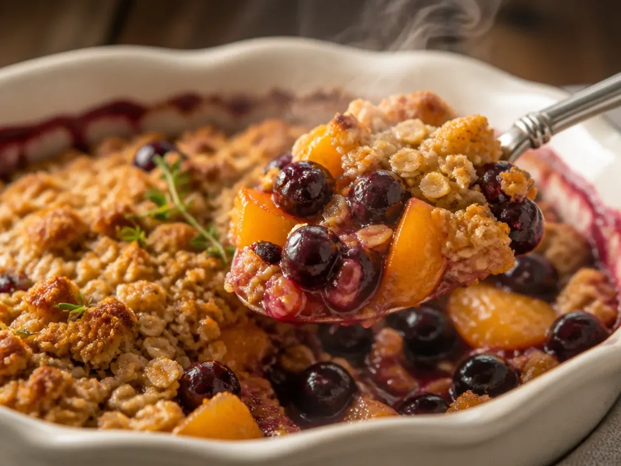 Fresh ripe peaches and blueberries piled next to a finished crisp on a wooden table