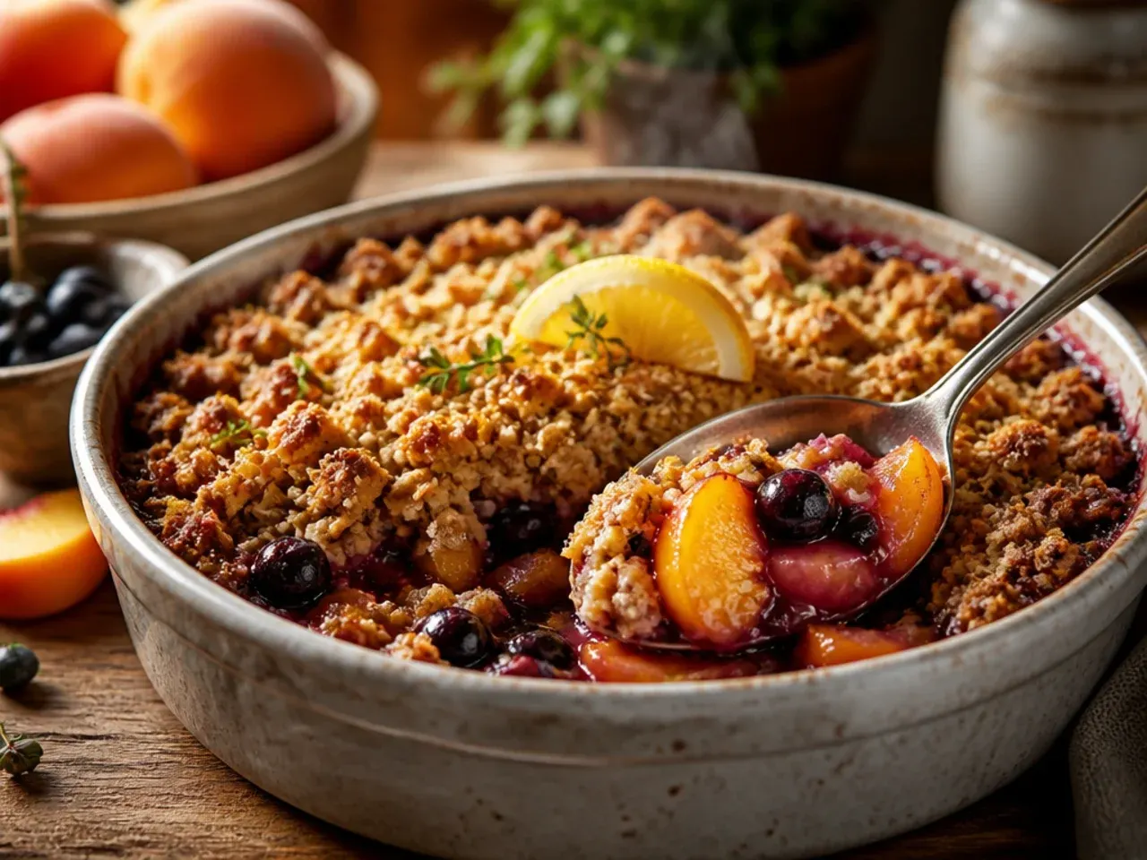 Spiced peach and blueberry crisp with a jug of whipped cream alongside on a rustic table